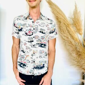 VATPAVE White Blue Hawaiian Print Floral Button Down Casual Short Sleeve Shirt S